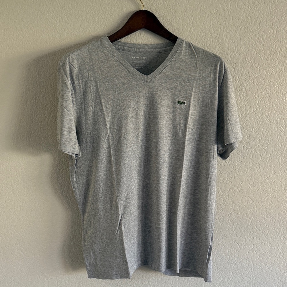 Lacoste Men's Light Gray V-Neck Cotton Tee with Green Logo